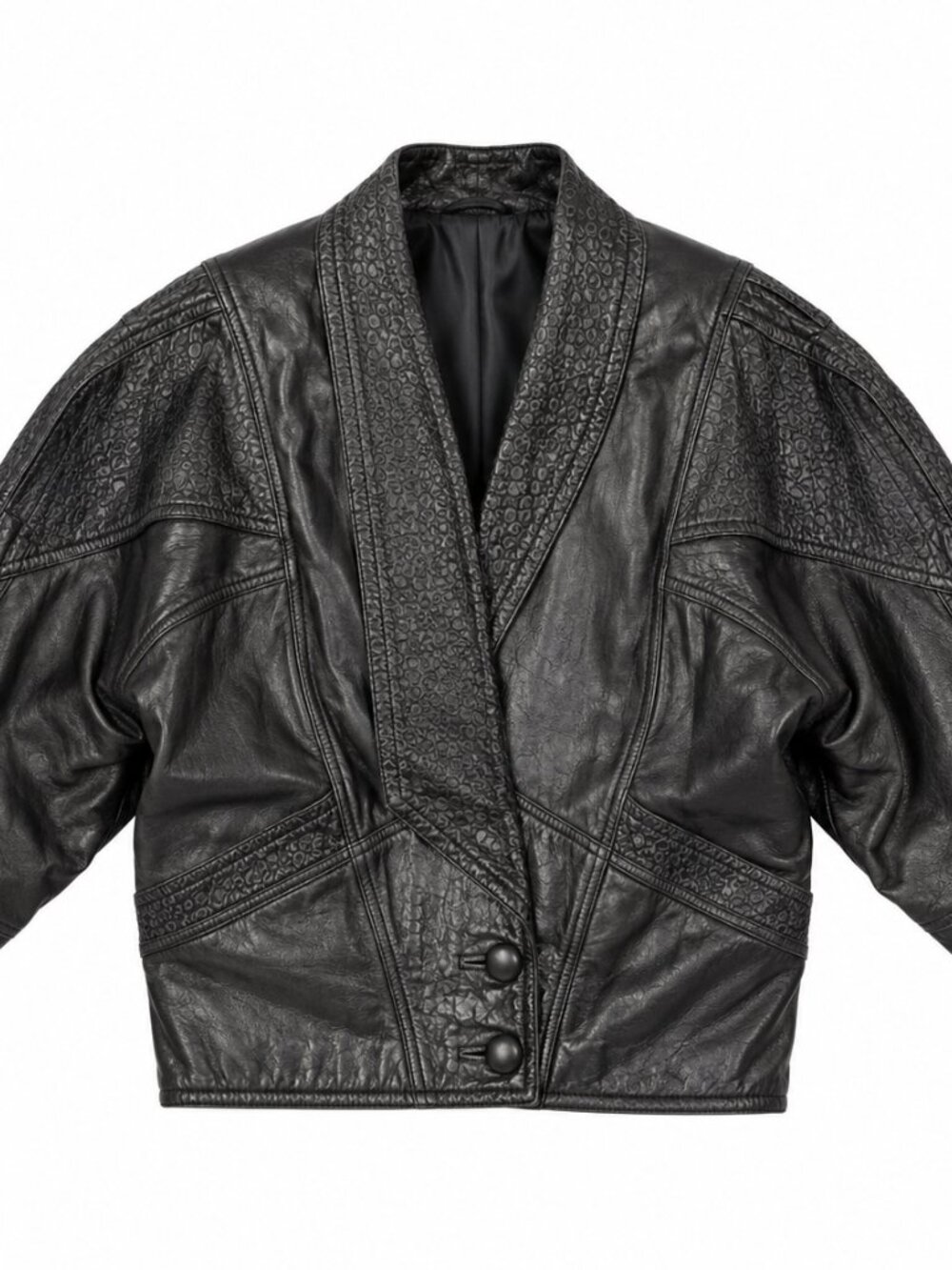 Vera Pelle Vintage Italian Leather Batwing Jacket Embossed Black M